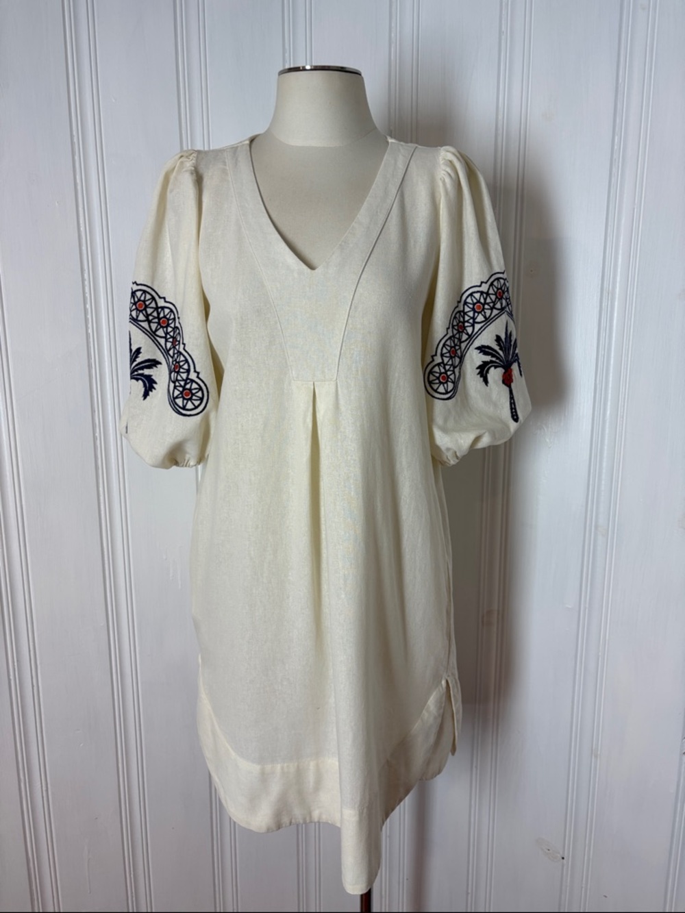 HALSTON Linen Blend Embroidered Puff Sleeve Shift Dress Ivory - Size S